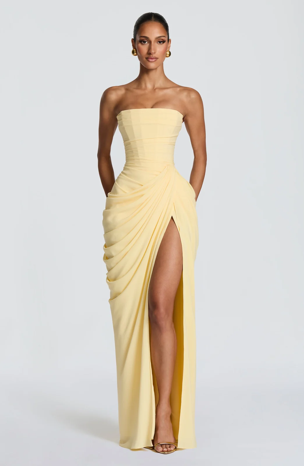 Strapless Ruched Slit Maxi Dress Gorgeous Feather Strapless Ruched Slit Maxi Dress in Bright Yellow — product view