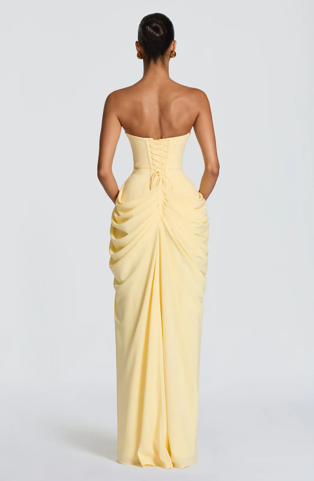 Strapless Ruched Slit Maxi Dress Gorgeous Feather Strapless Ruched Slit Maxi Dress in Bright Yellow — back view