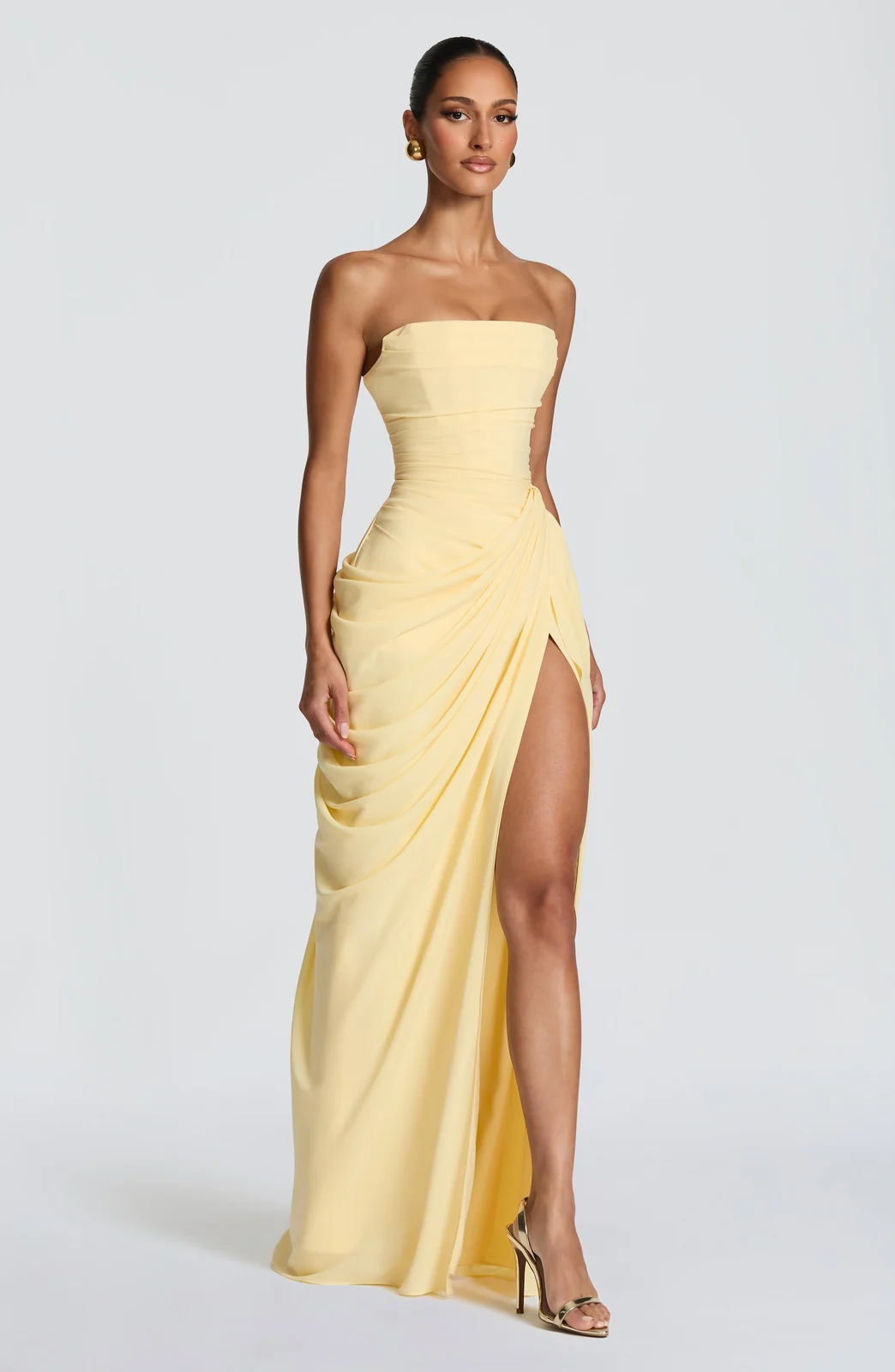 Strapless Ruched Slit Maxi Dress Gorgeous Feather Strapless Ruched Slit Maxi Dress in Bright Yellow — product view