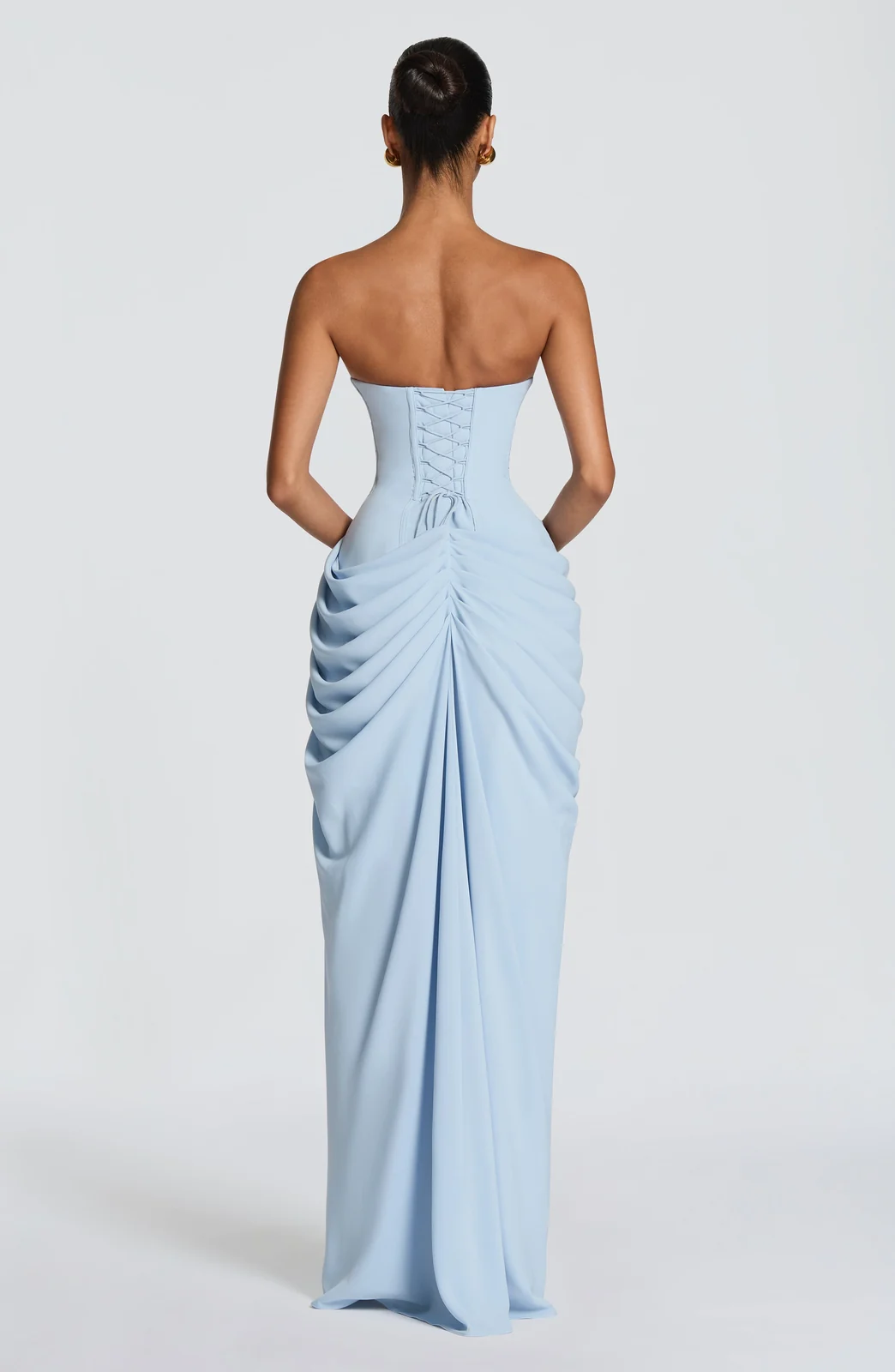 Strapless Ruched Slit Maxi Dress Gorgeous Feather Strapless Ruched Slit Maxi Dress in Light Blue — back view