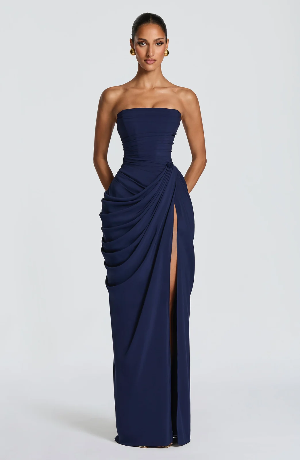 Strapless Ruched Slit Maxi Dress Gorgeous Feather Strapless Ruched Slit Maxi Dress in Navy Blue — product view