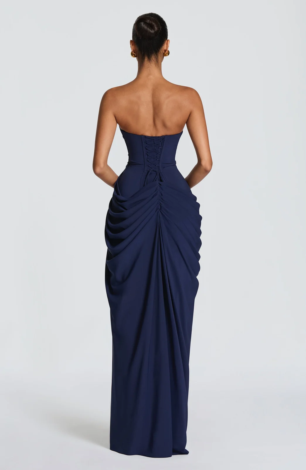 Strapless Ruched Slit Maxi Dress Gorgeous Feather Strapless Ruched Slit Maxi Dress in Navy Blue — back view