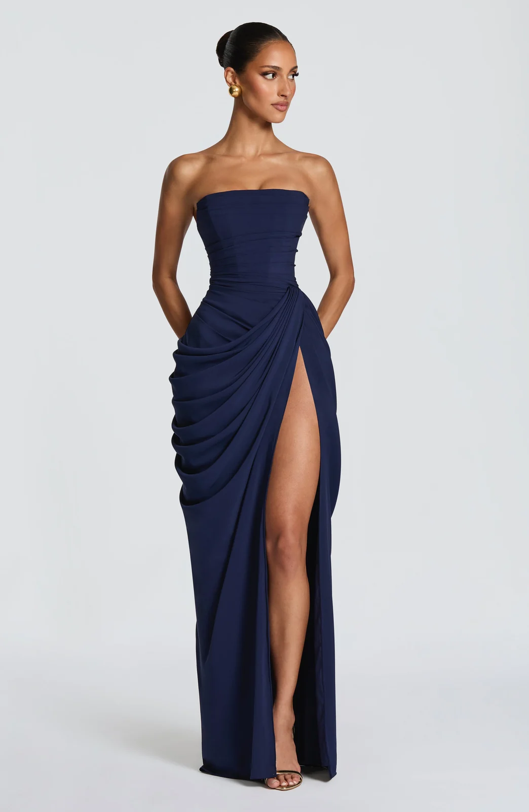 Strapless Ruched Slit Maxi Dress Gorgeous Feather Strapless Ruched Slit Maxi Dress in Navy Blue — product view