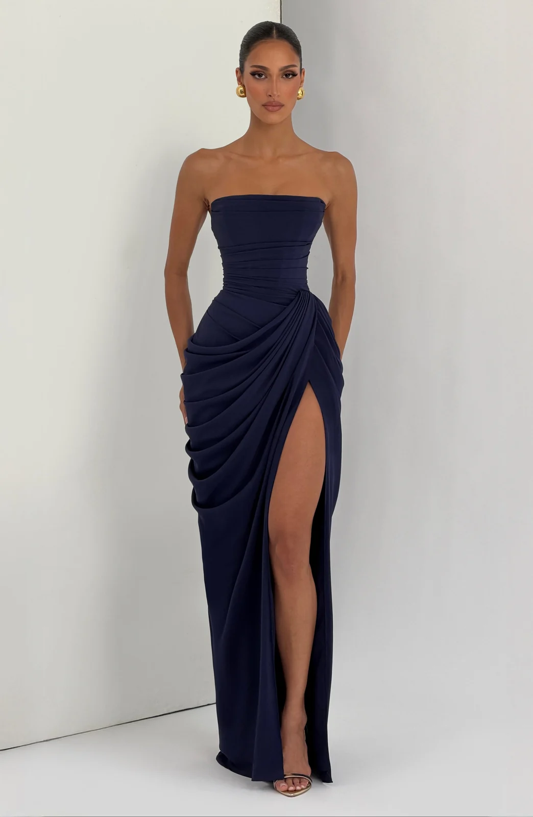 Strapless Ruched Slit Maxi Dress Gorgeous Feather Strapless Ruched Slit Maxi Dress in Navy Blue — product view