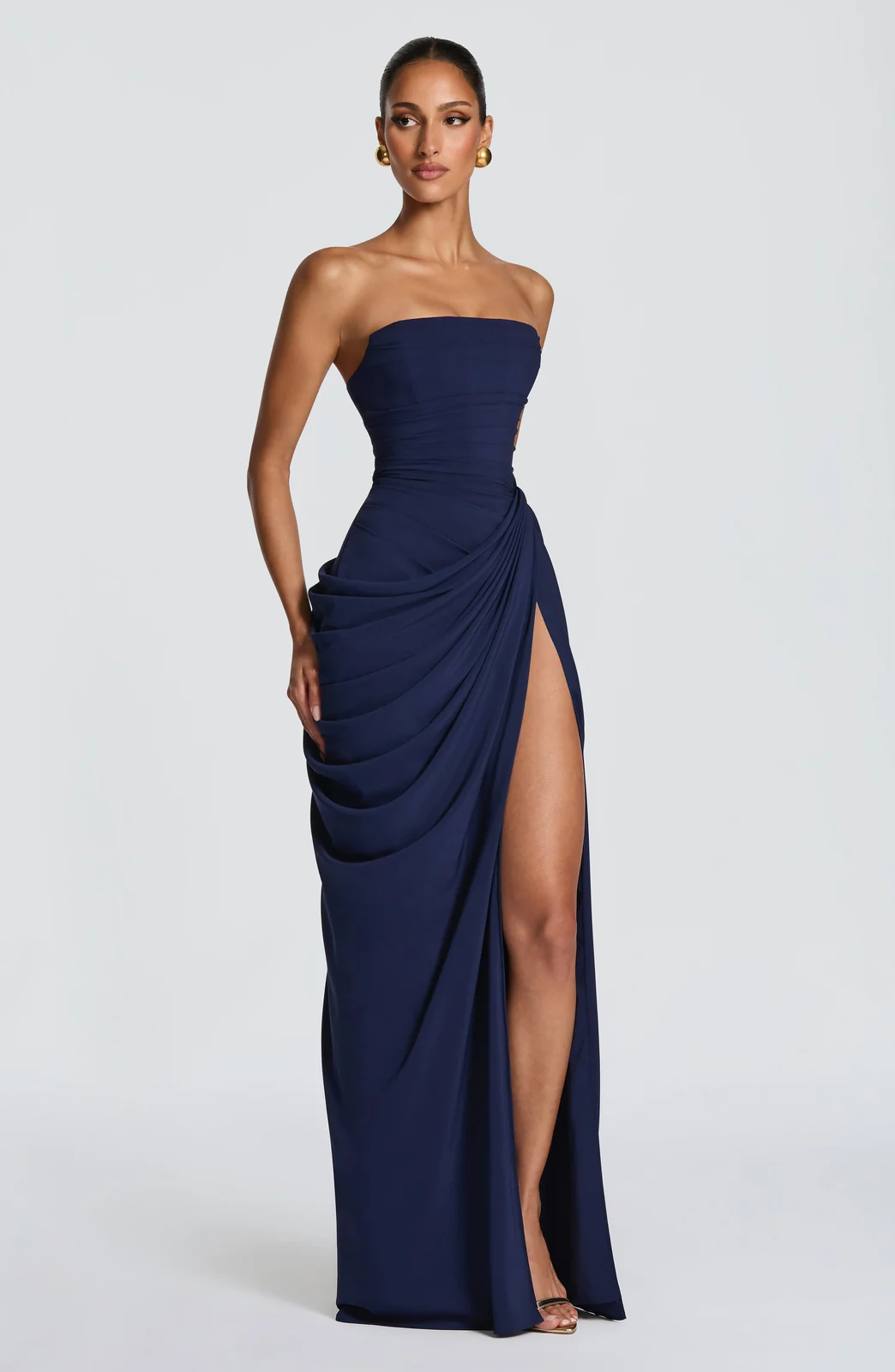 Strapless Ruched Slit Maxi Dress Gorgeous Feather Strapless Ruched Slit Maxi Dress in Navy Blue — product view