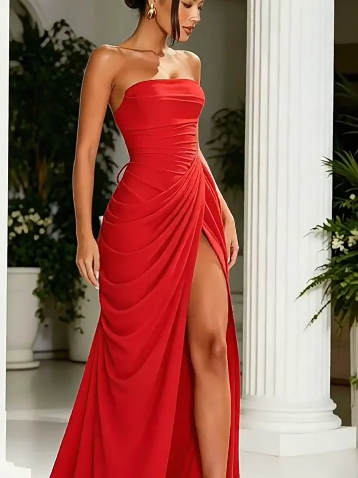 Strapless Ruched Slit Maxi Dress — Wine Red video