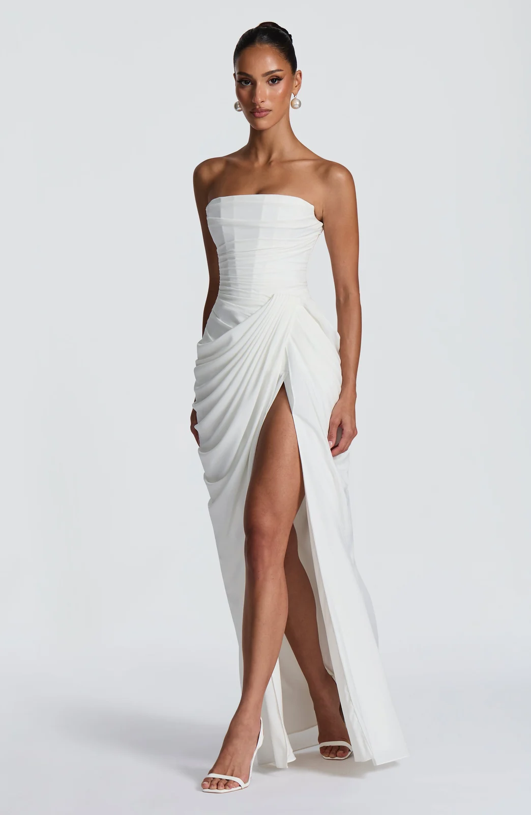 Strapless Ruched Slit Maxi Dress Gorgeous Feather Strapless Ruched Slit Maxi Dress in White — product view