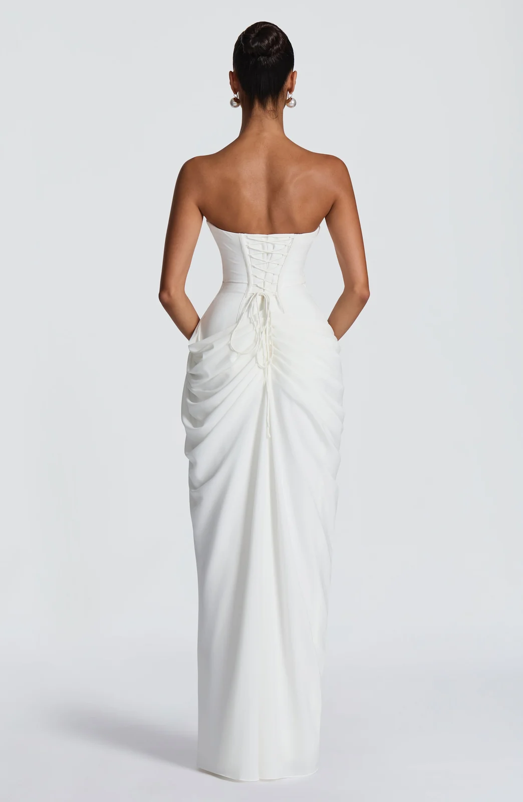 Strapless Ruched Slit Maxi Dress Gorgeous Feather Strapless Ruched Slit Maxi Dress in White — back view