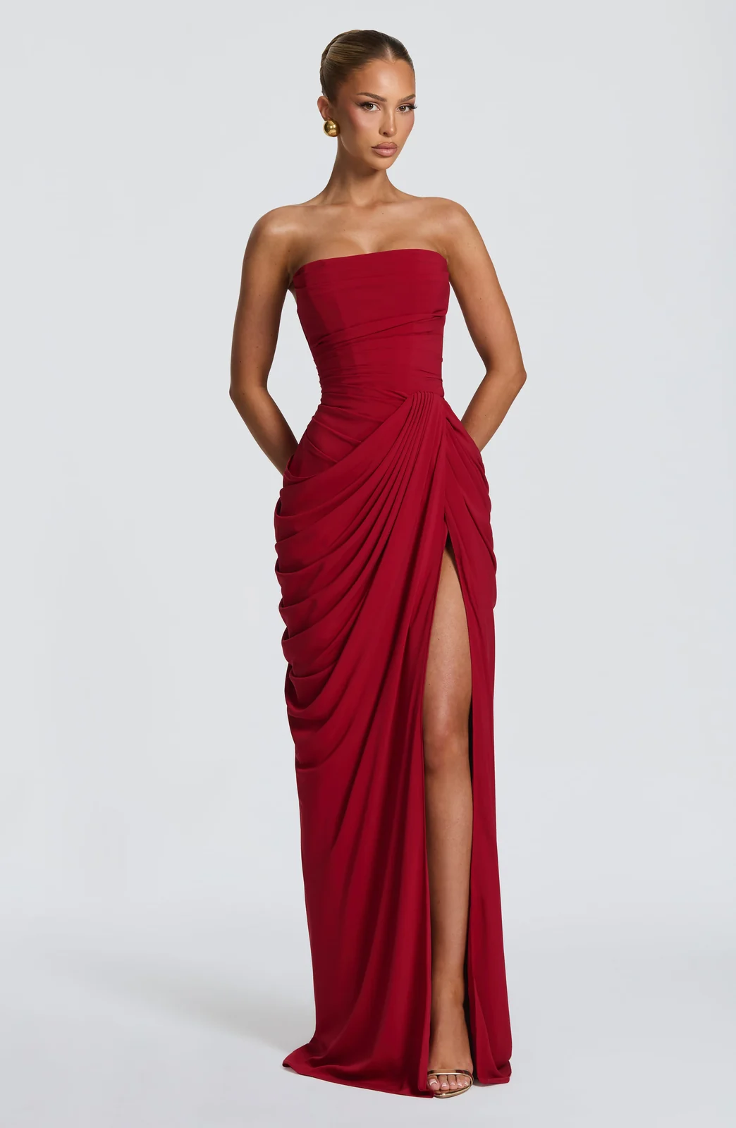 Strapless Ruched Slit Maxi Dress Gorgeous Feather Strapless Ruched Slit Maxi Dress in Wine Red — product view