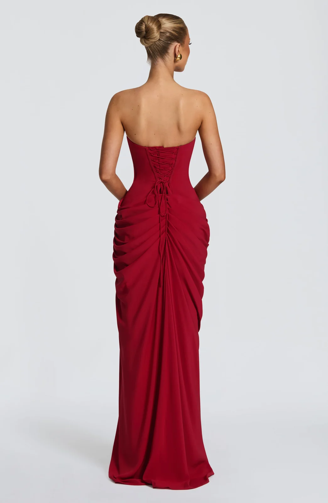 Strapless Ruched Slit Maxi Dress Gorgeous Feather Strapless Ruched Slit Maxi Dress in Wine Red — back view