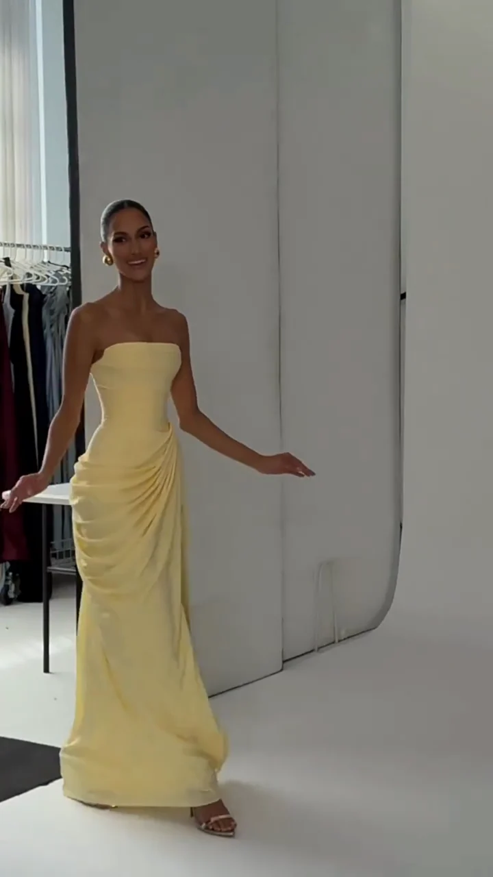 Strapless Ruched Slit Maxi Dress — Bright Yellow video