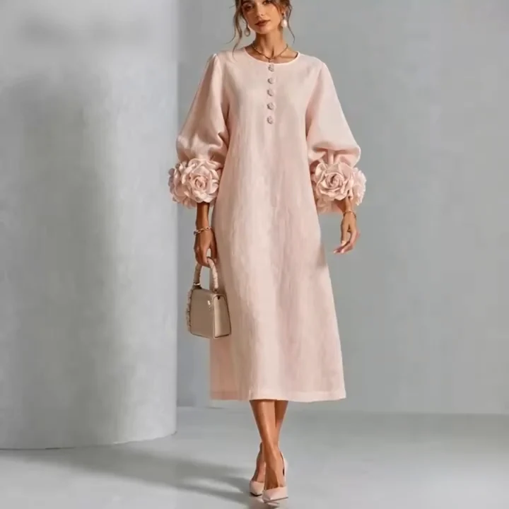Flower-Cuff Long-Sleeve Midi Dress — Pink video