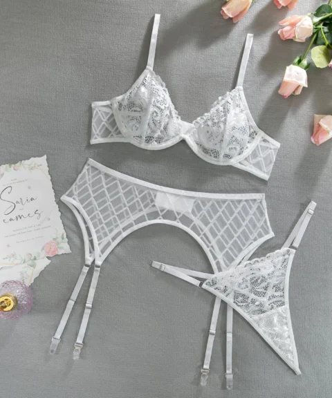 White Lace Garter Lingerie Set in White