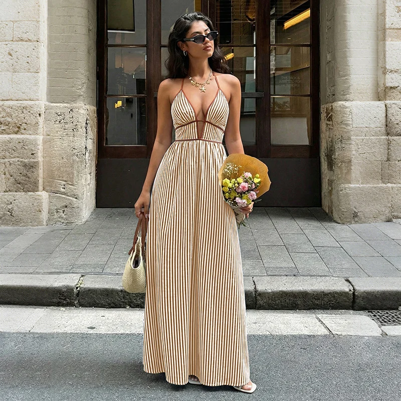 Striped Halter V-Neck Maxi Dress Gorgeous Feather Striped Halter V-Neck Maxi Dress - Image 20