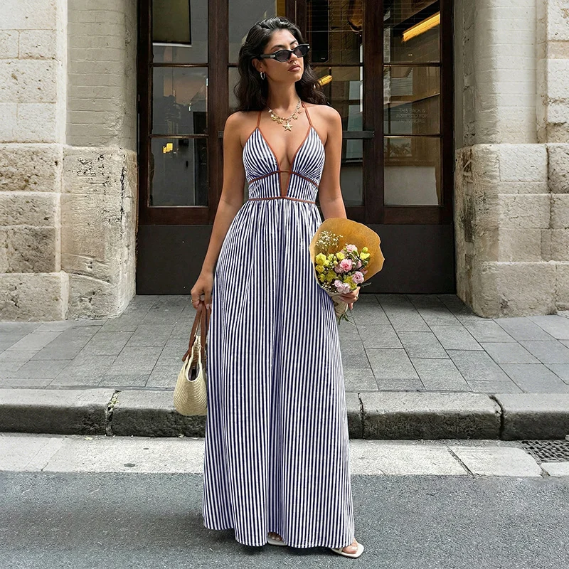 Striped Halter V-Neck Maxi Dress Gorgeous Feather Striped Halter V-Neck Maxi Dress - Image 4