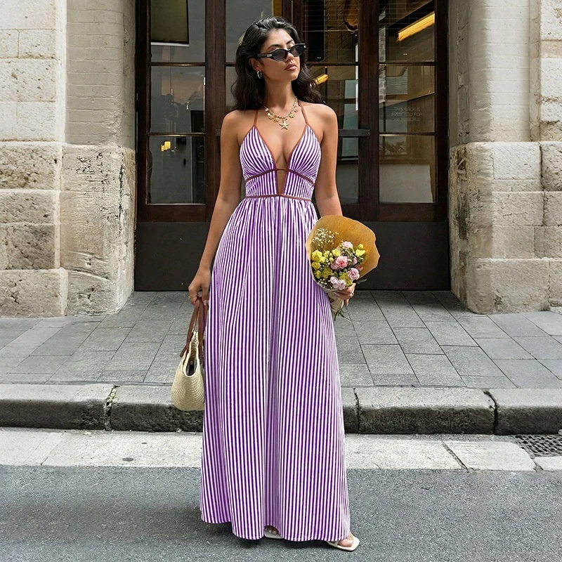 Striped Halter V-Neck Maxi Dress Gorgeous Feather Striped Halter V-Neck Maxi Dress - Image 16
