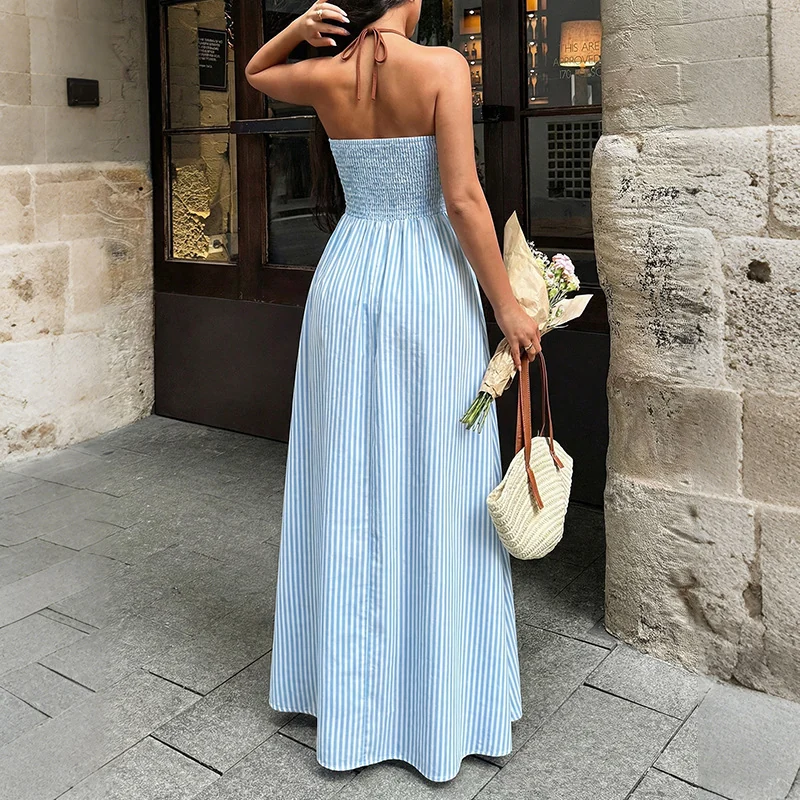 Striped Halter V-Neck Maxi Dress Gorgeous Feather Striped Halter V-Neck Maxi Dress - Image 6