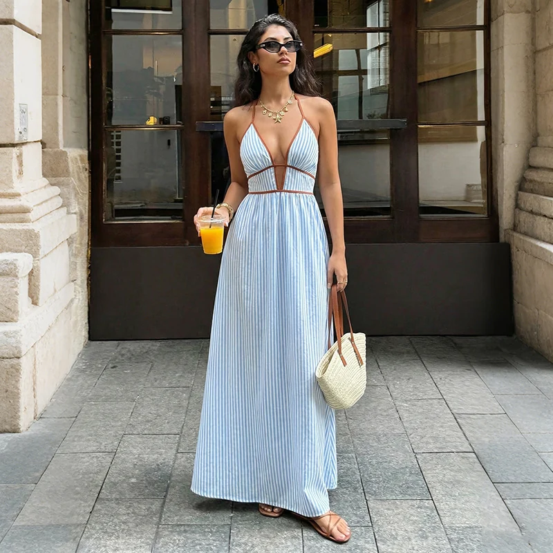 Striped Halter V-Neck Maxi Dress Gorgeous Feather Striped Halter V-Neck Maxi Dress - Image 7