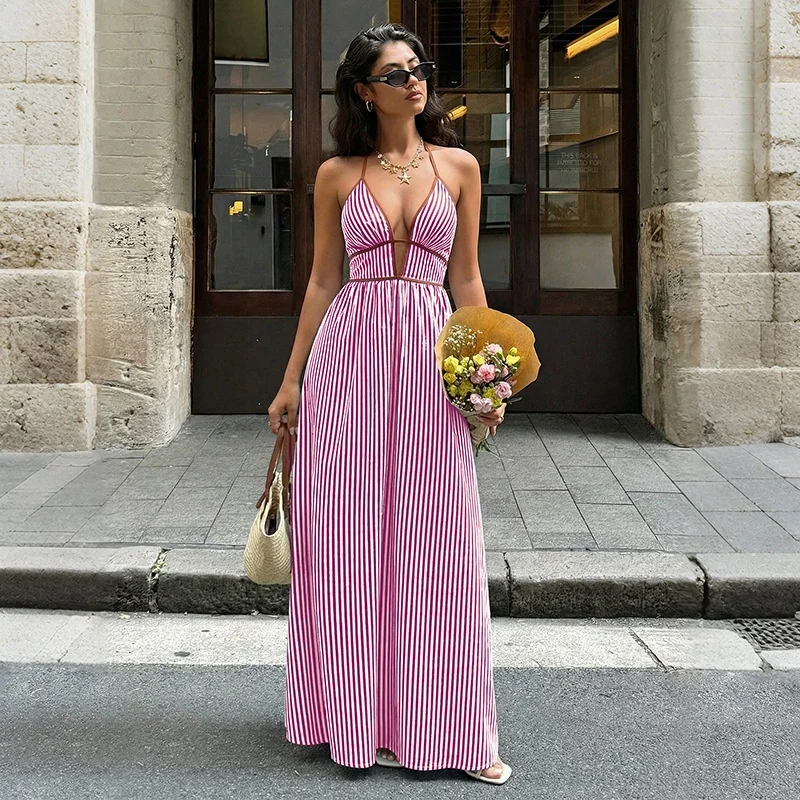 Striped Halter V-Neck Maxi Dress Gorgeous Feather Striped Halter V-Neck Maxi Dress - Image 17