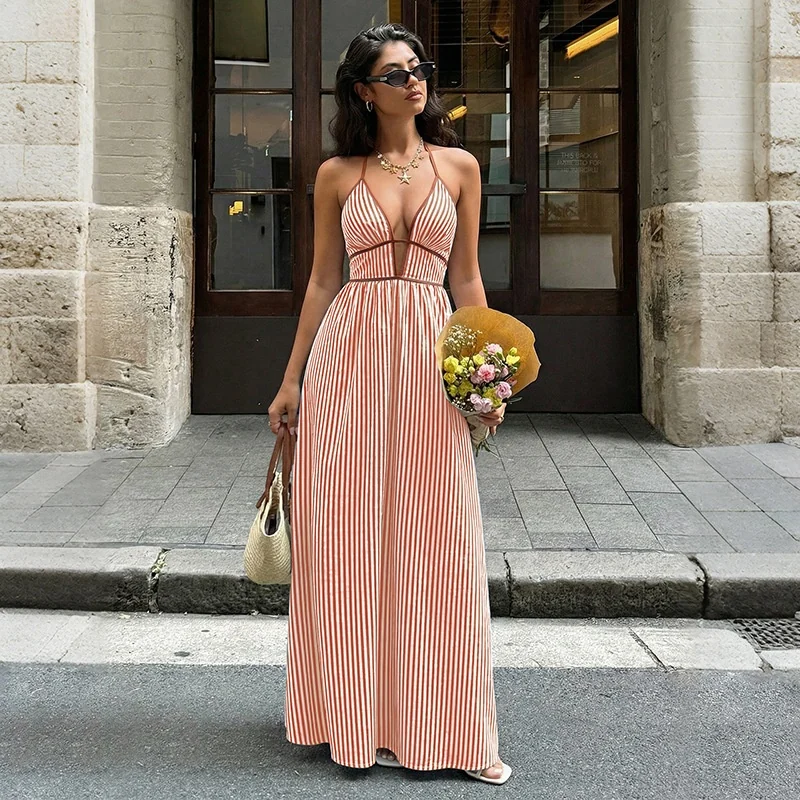 Striped Halter V-Neck Maxi Dress Gorgeous Feather Striped Halter V-Neck Maxi Dress - Image 13