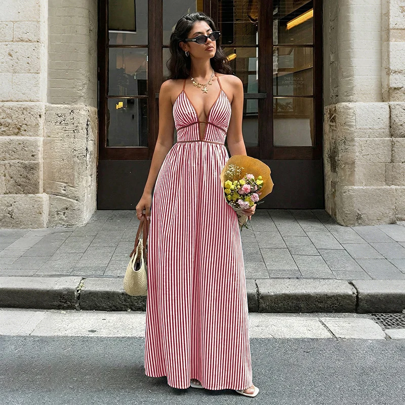 Striped Halter V-Neck Maxi Dress Gorgeous Feather Striped Halter V-Neck Maxi Dress - Image 14