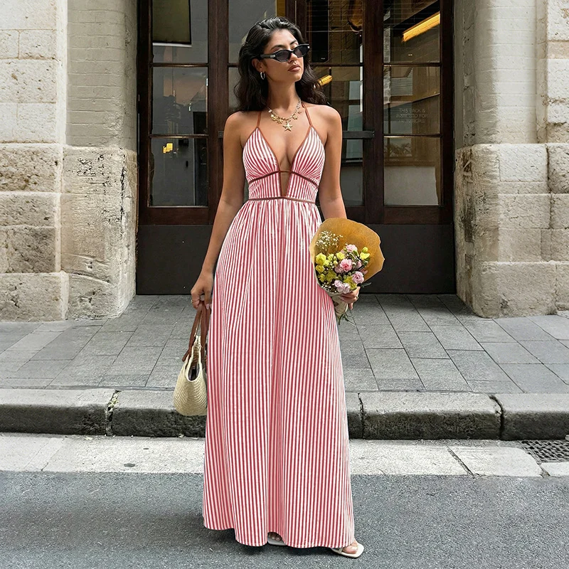 Striped Halter V-Neck Maxi Dress Gorgeous Feather Striped Halter V-Neck Maxi Dress - Image 15