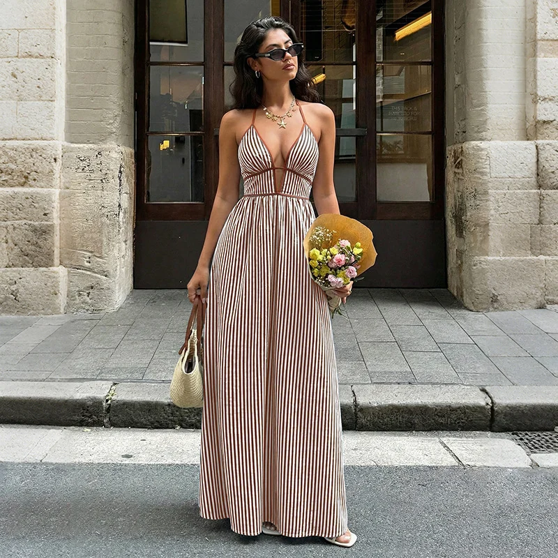Striped Halter V-Neck Maxi Dress Gorgeous Feather Striped Halter V-Neck Maxi Dress - Image 8