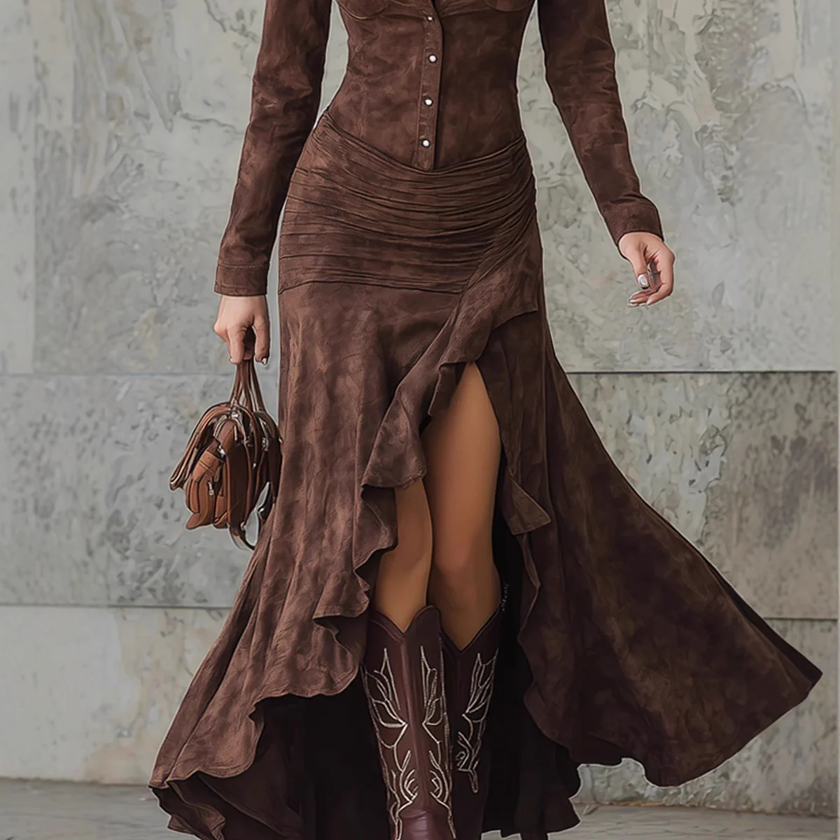 Faux Suede Ruffle Hem Maxi Shirt Dress Gorgeous Feather Faux Suede Ruffle Hem Maxi Shirt Dress - Image 6