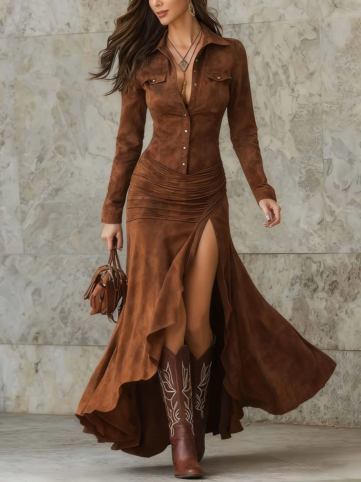 Faux Suede Ruffle Hem Maxi Shirt Dress Gorgeous Feather Faux Suede Ruffle Hem Maxi Shirt Dress - Image 3
