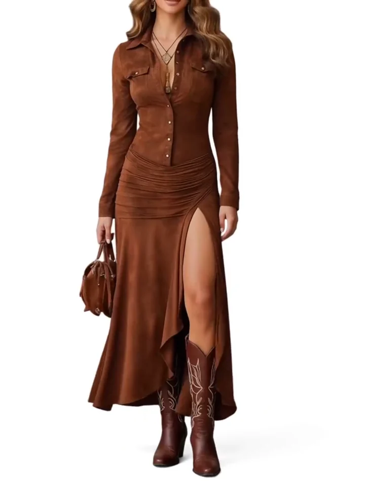 Faux Suede Ruffle Hem Maxi Shirt Dress — Caramel color video