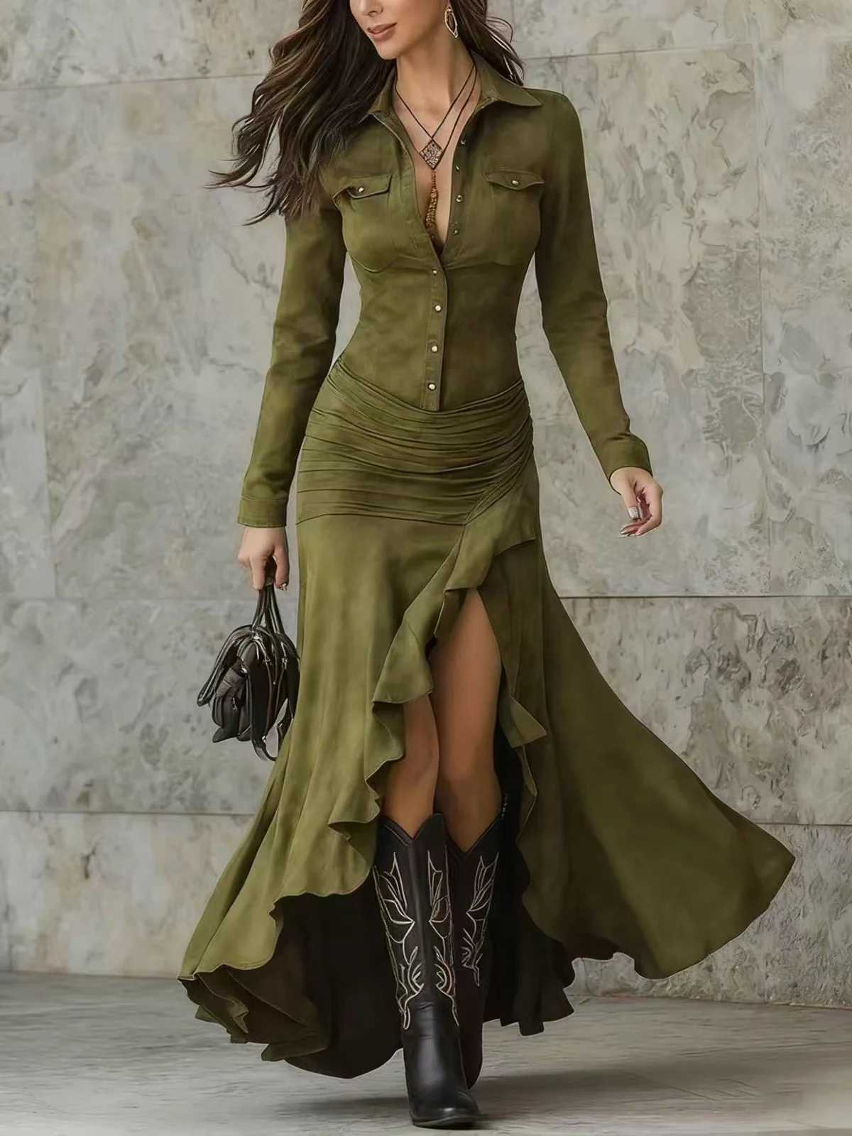 Faux Suede Ruffle Hem Maxi Shirt Dress Gorgeous Feather Faux Suede Ruffle Hem Maxi Shirt Dress