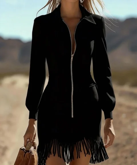 Zip-Front Fringe Mini Dress