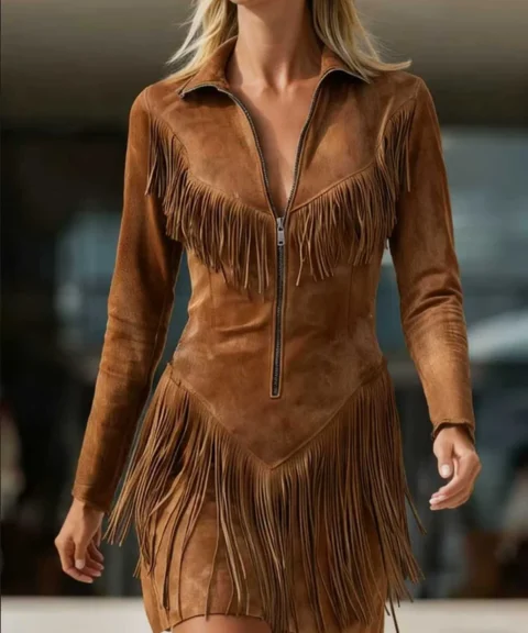 Faux Suede Fringe Long-Sleeve Mini Dress