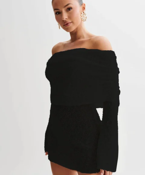 Off-Shoulder Fuzzy Knit Mini Dress