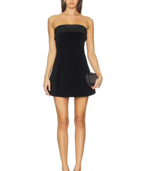 Strapless Velvet A-Line Mini Dress in Black — full-length front view