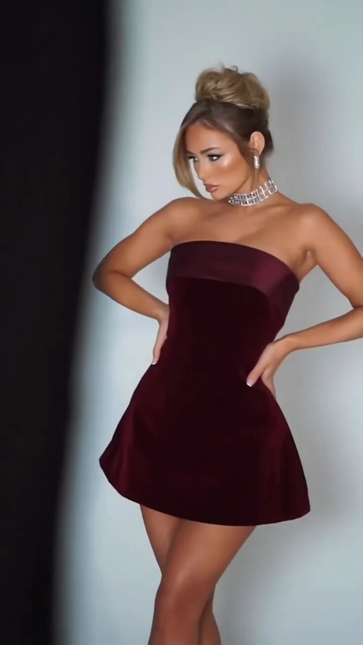 Strapless Velvet A-Line Mini Dress — Red video