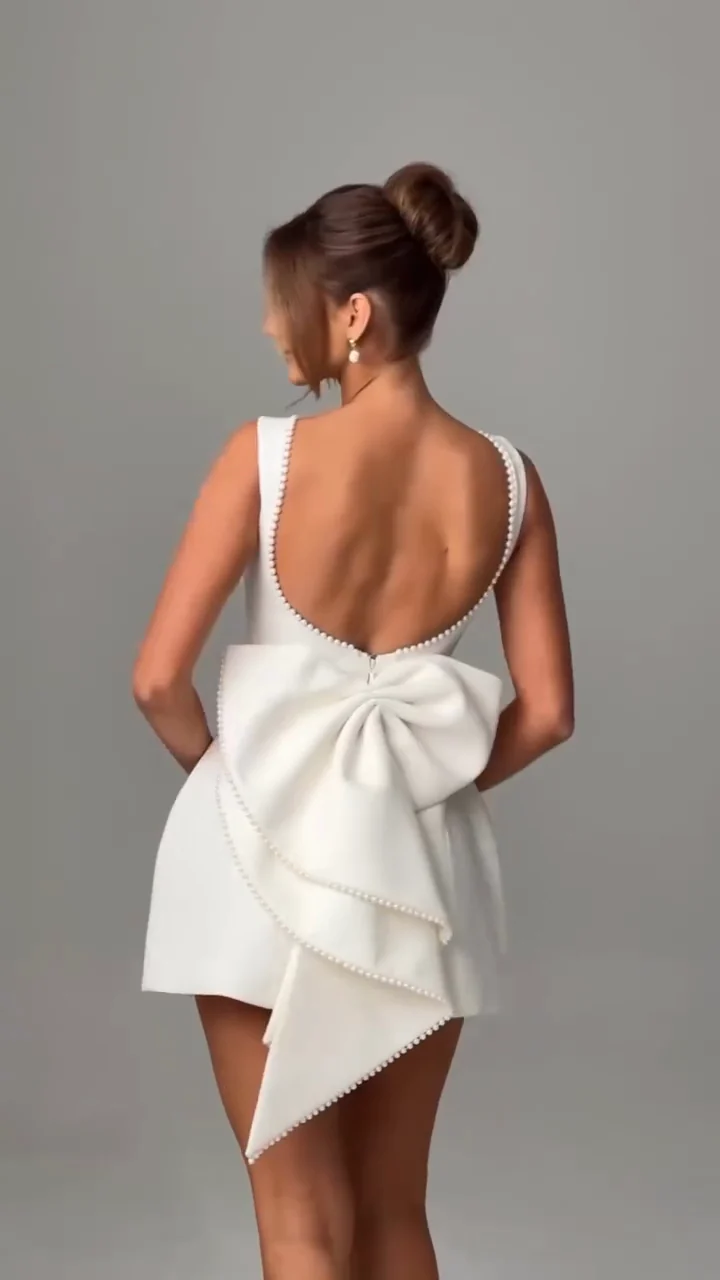 Bow-Back Pearl-Trim A-Line Mini Dress — White video