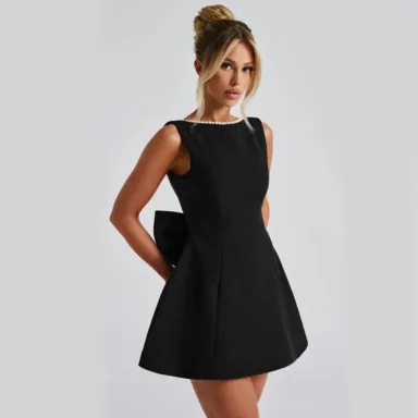 Bow-Back Pearl-Trim A-Line Mini Dress