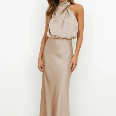 High-Neck Satin Halter Midi Dress