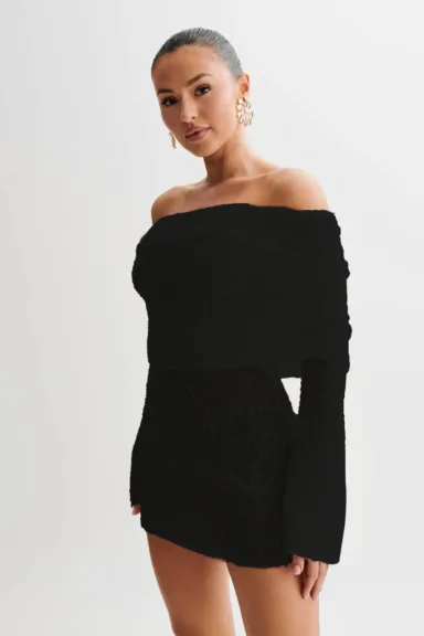 Off-Shoulder Fuzzy Knit Mini Dress