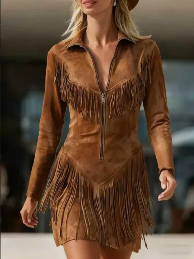 Faux Suede Fringe Long-Sleeve Mini Dress