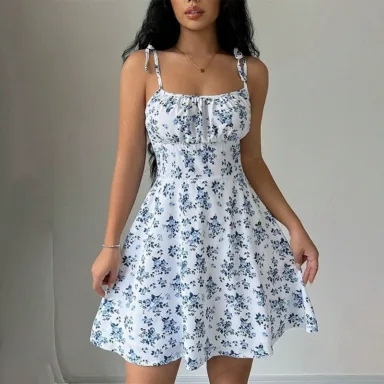 Tie-Strap Floral Mini Dress in Blue