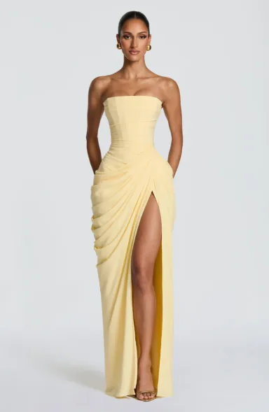 Strapless Ruched Slit Maxi Dress in Bright Yellow — product view