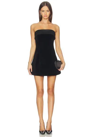 Strapless Velvet A-Line Mini Dress in Black — full-length front view