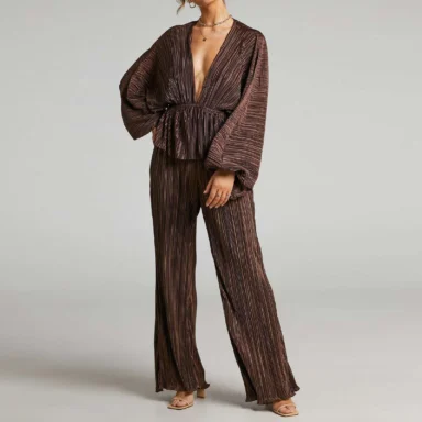 Wide Leg Pants | Deep V-neck Two-piece Suit
