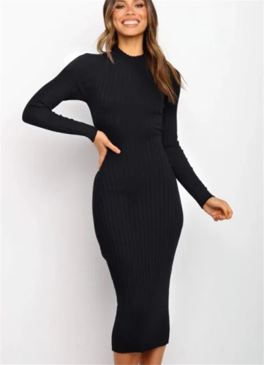 Black Ribbed Long-Sleeve Bodycon Midi Dress