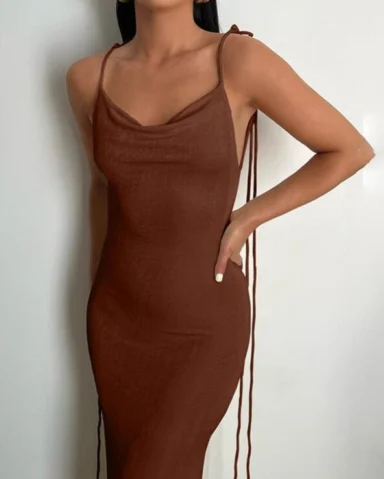 Dark Brown Backless Bodycon Maxi Dress