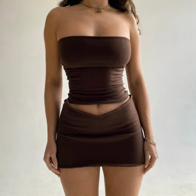 Brown Strapless Top & Mini Skirt Set