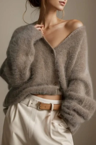 Fuzzy V-Neck Long-Sleeve Cardigan