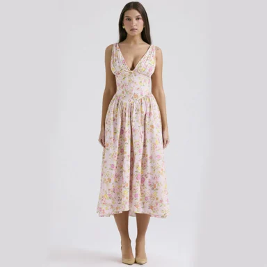 V-Neck A-Line Midi Dress with Pockets